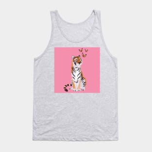 Tiger with butterflies paper cut art illustration on pink background Tank Top